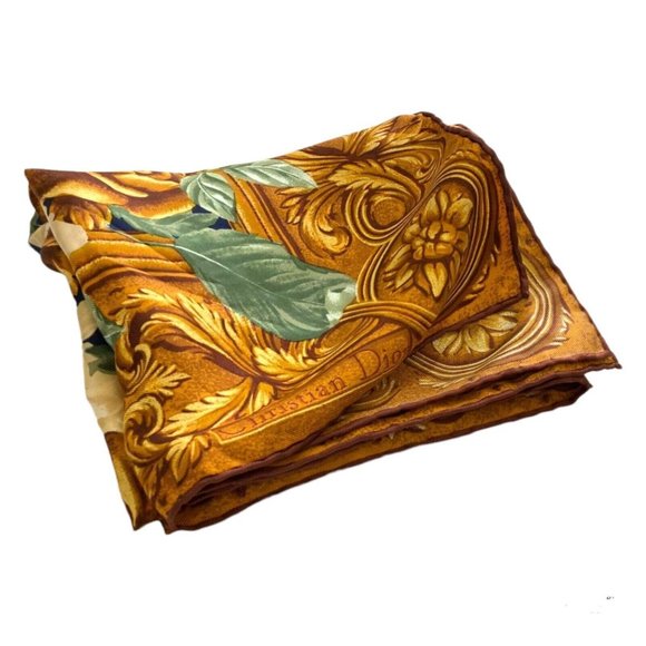 CHRISTIAN DIOR Brown With Flower Print Silk Scarf Italy SQR 34’’ EX.COND - Picture 3 of 8